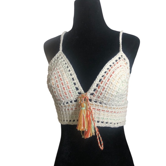 Handmade Tops - Handmade Crochet Crop Top – Bohemian Juneteenth Festival Bralette w/Tassels